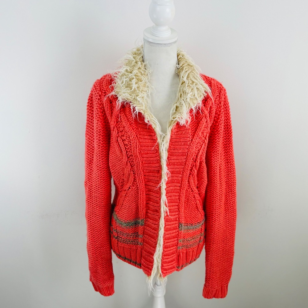 Free People Coral Cable Knit Faux Fur Collar Wool Alpaca BlendCardigan Sweater L